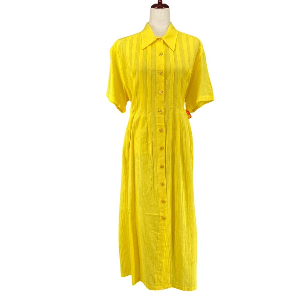 Vtg 80s 90s Two Potato Button Down Tie Back Short Sleeve Maxi Dress XL Yellow‎